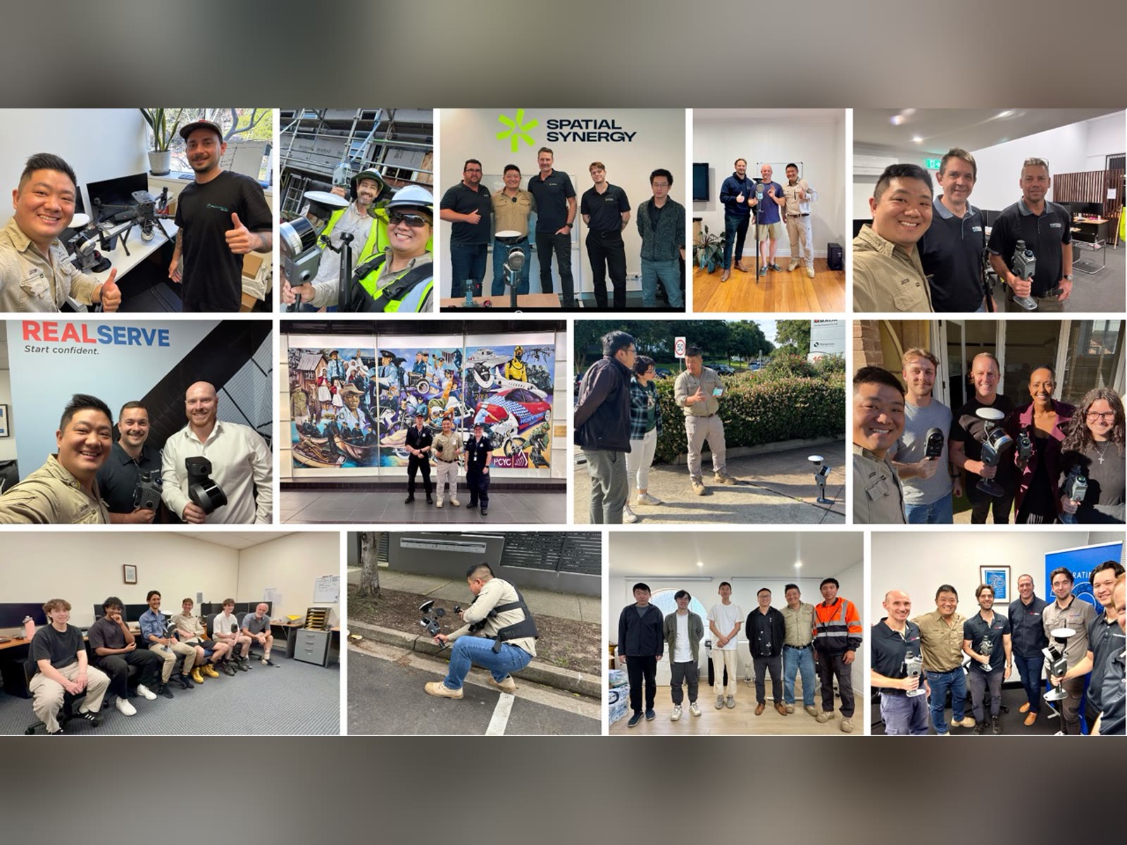 Collage of AECT Solutions onboarding and demo sessions with survey, engineering and spatial-capture teams across Australia, each holding XGRIDS scanners