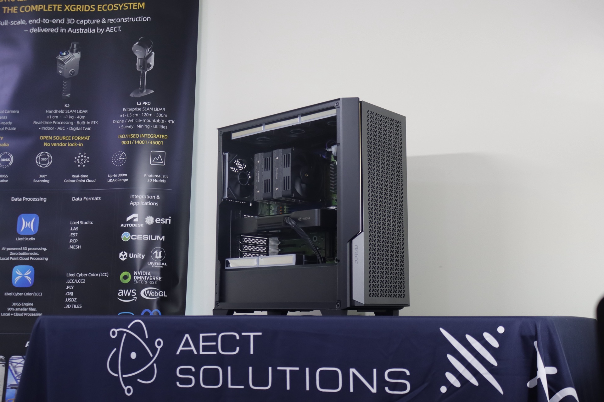 AECT AI workstation displayed alongside the complete XGRIDS ecosystem banner — full-scale end-to-end 3D capture and reconstruction