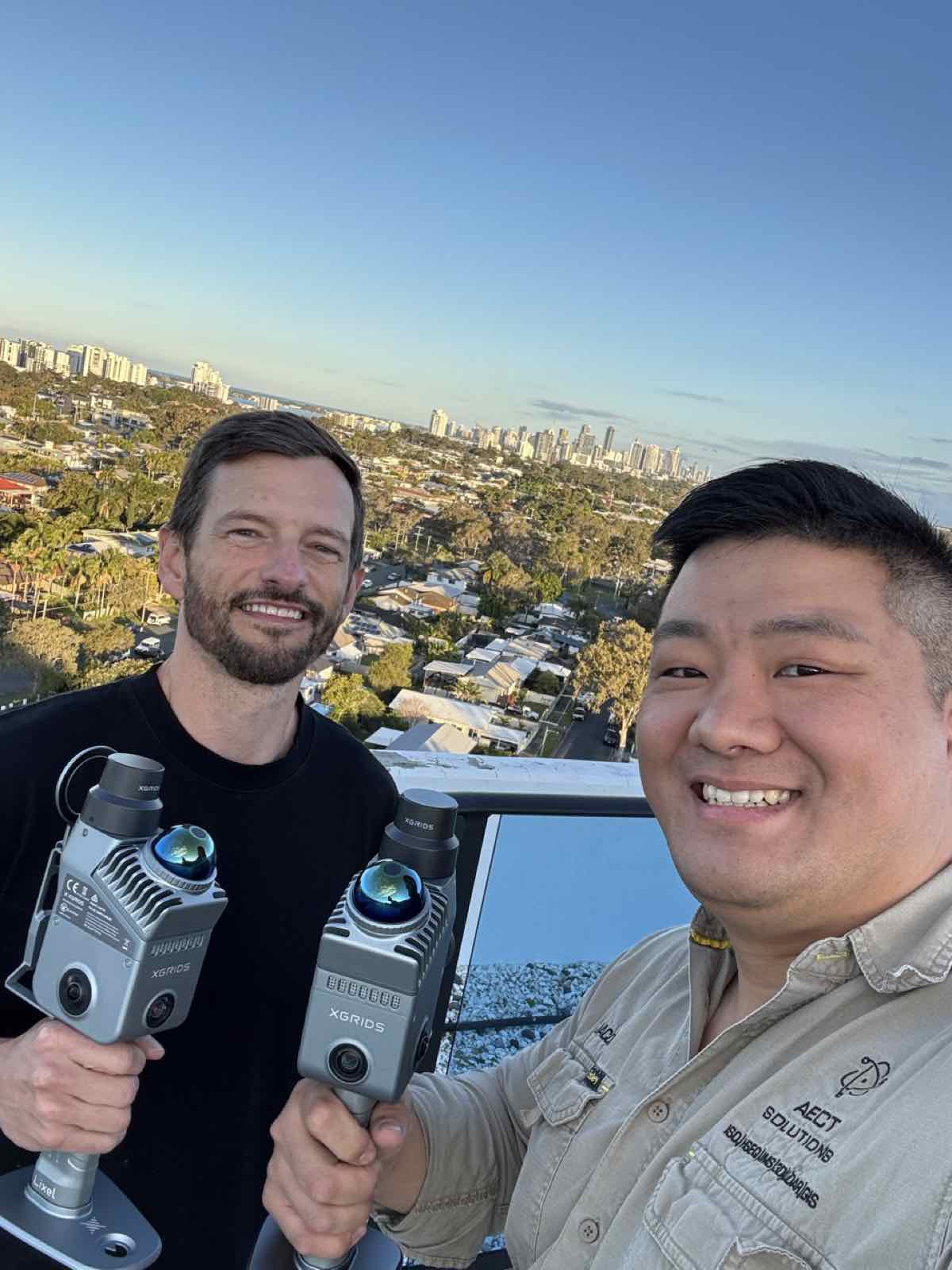 Rooftop capture with a city skyline backdrop
