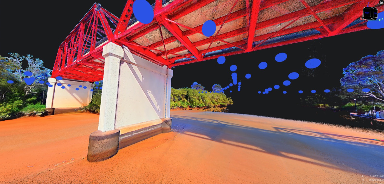 Bridge pier and superstructure point cloud from below