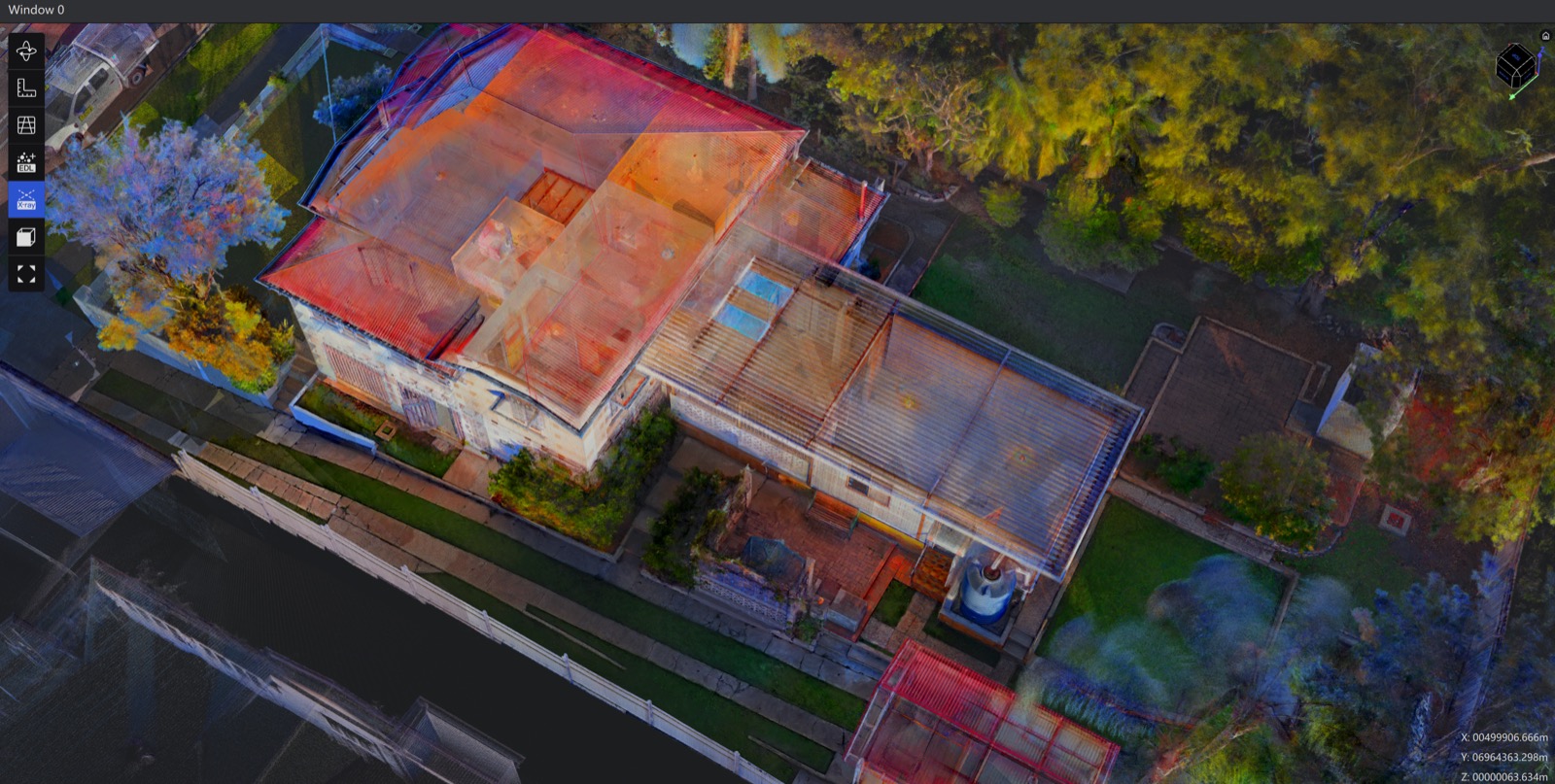Aerial view point cloud of a residential roof and yard